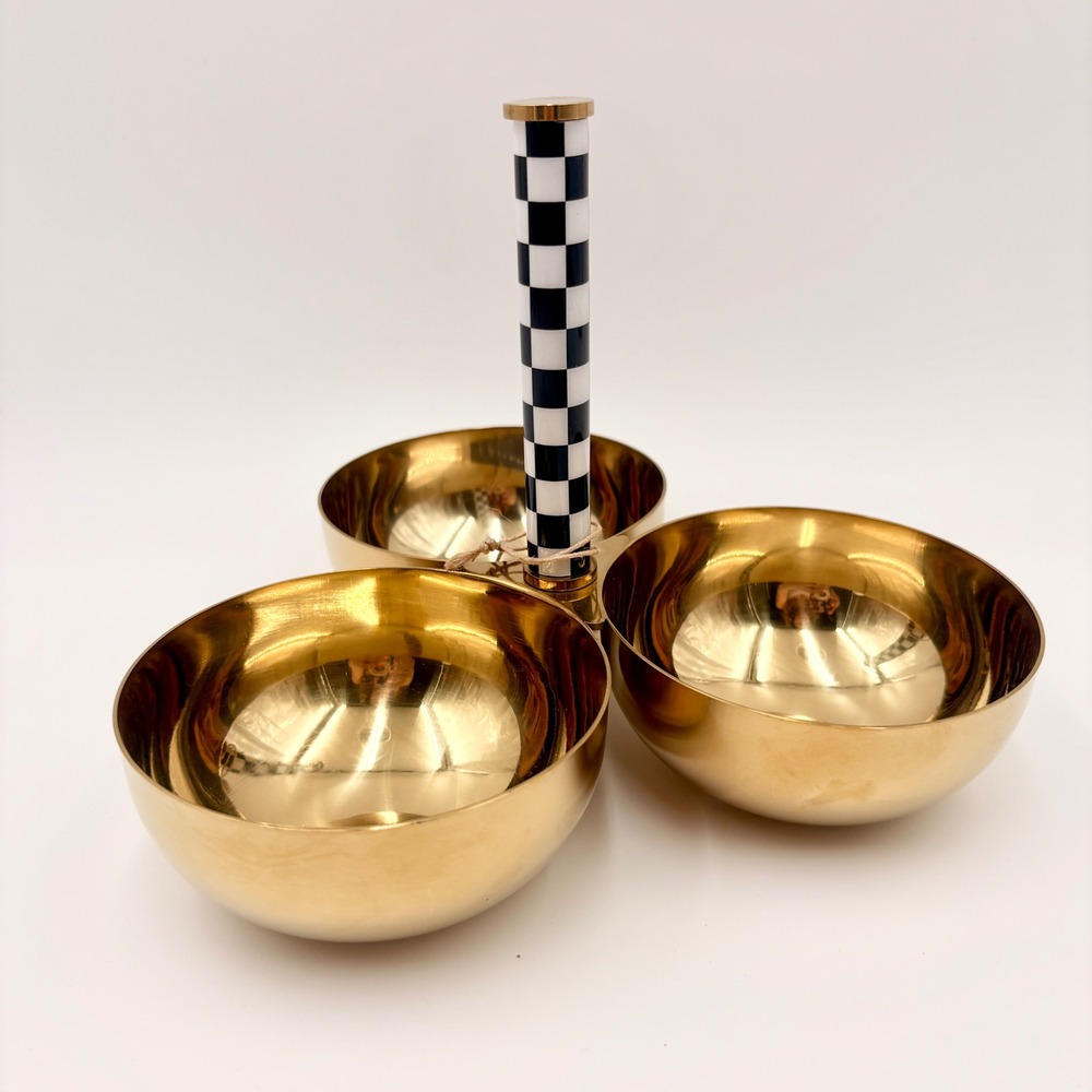 Tahari Home Gold Stainless Steel 3 Bowl Nut Dish Black White Checkered Handle